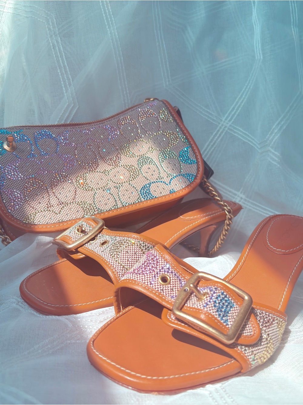 Women's Tan Leather Sandals and Matching Bag with Multicolor Crystal Detail